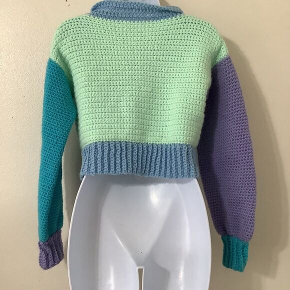 Handmade Knitted Pastel Color Block Preppy Autumn Fall Knit Collared Sweater XS - Picture 6 of 8